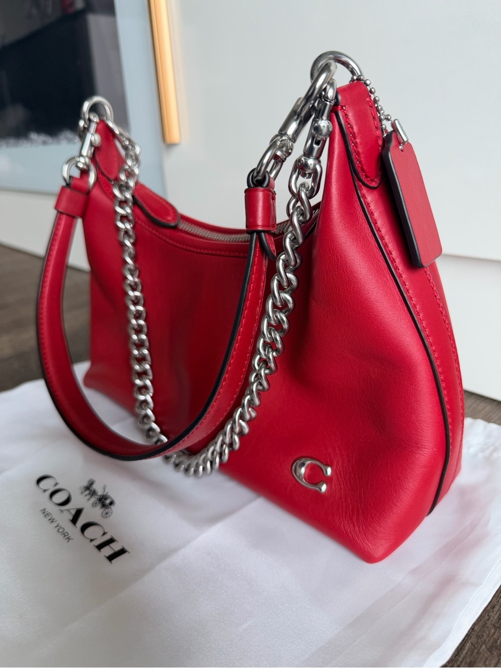COACH Juliet  Red Leather Shoulder Bag with Silver Chain Accent - Picture 3 of 6